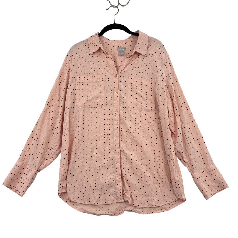 Chicos Blouse Top Size 12/14 Peach Black Polka Dot Button‎ Up Pocket Preppy